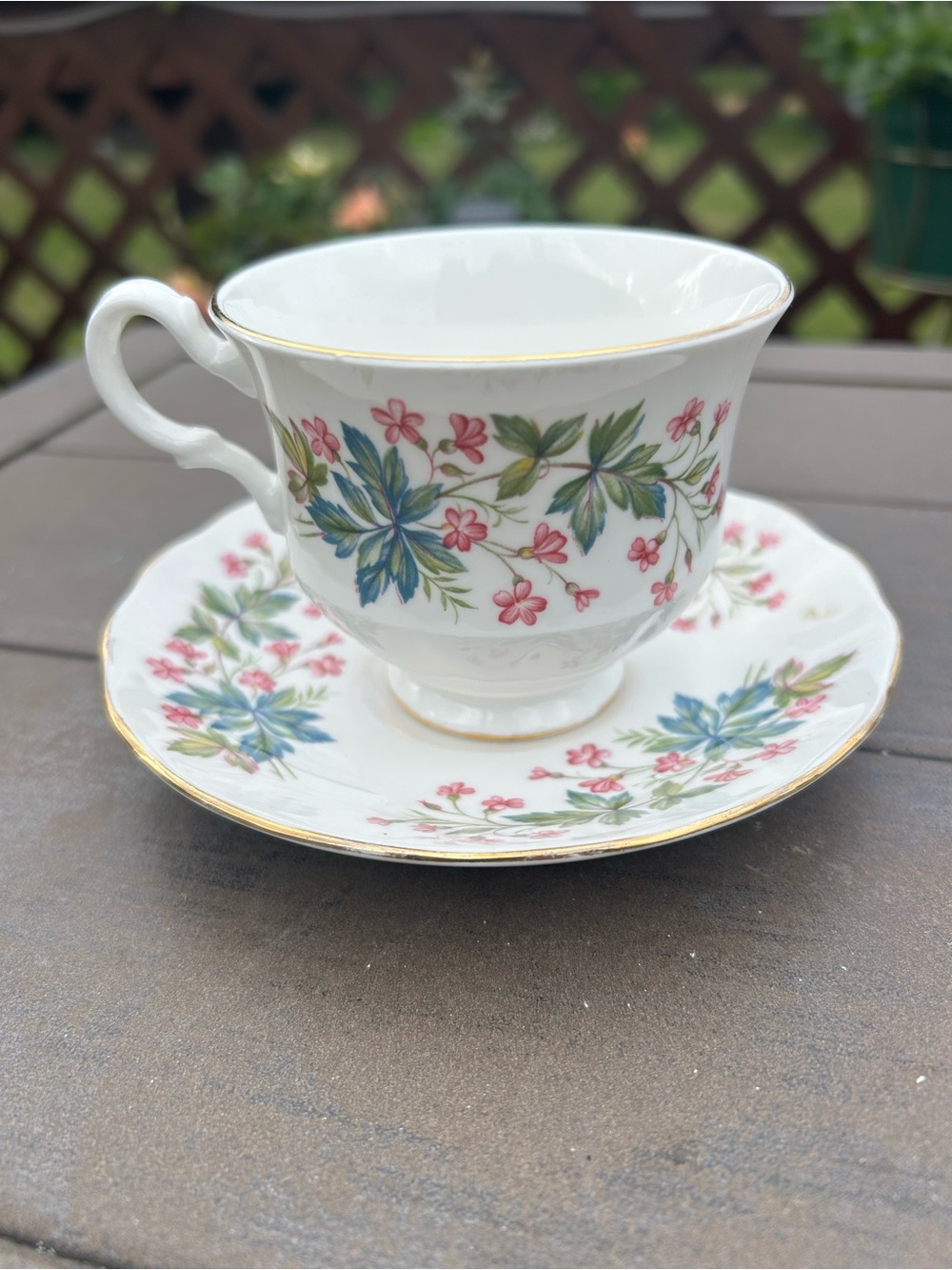 Vintage Queen Anne Bone China Tea Cup and Saucer Pink Floral Green & Blue